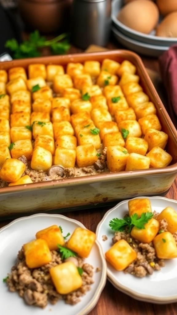 A hearty tater tot casserole with crispy tater tots and creamy beef filling, served in a baking dish.